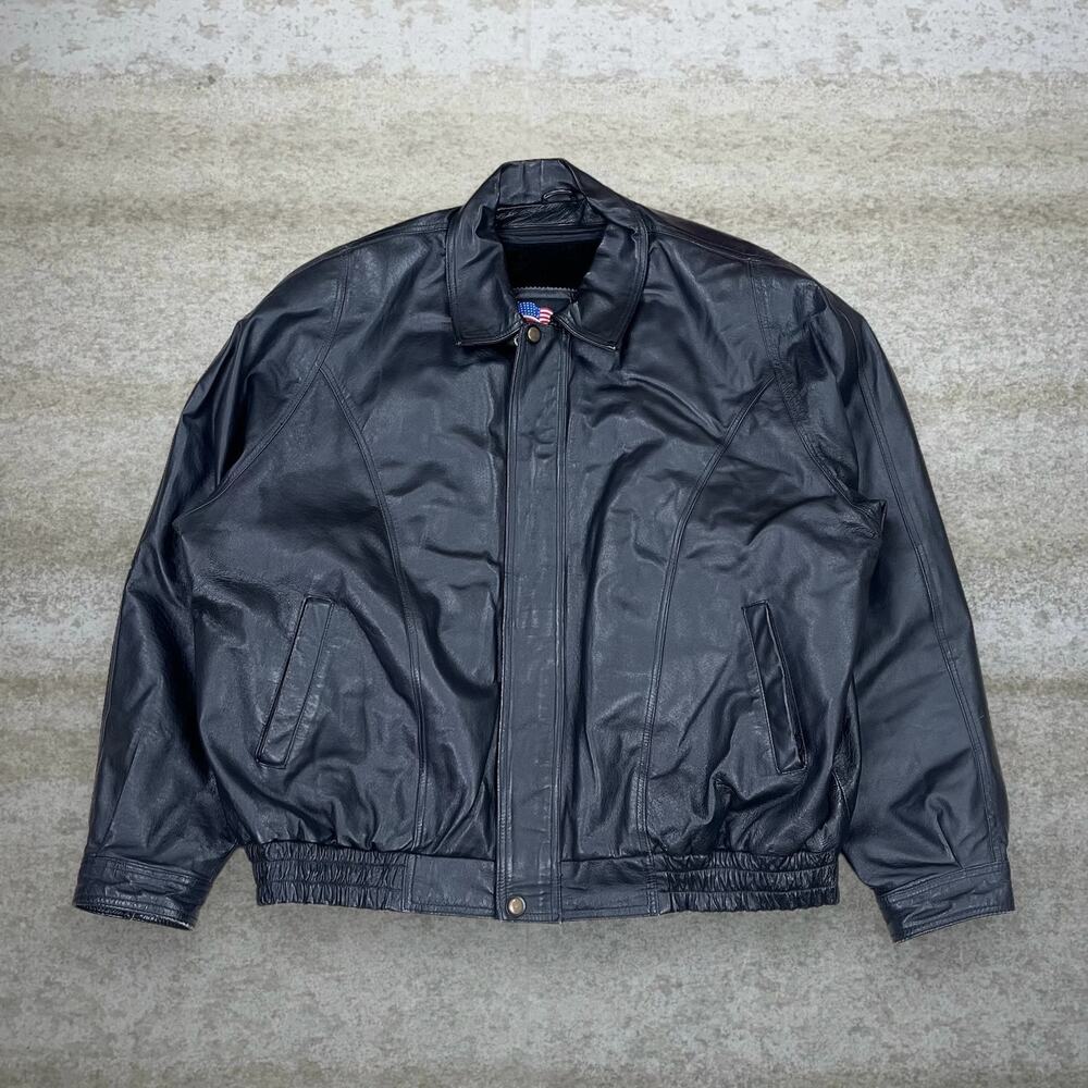 Vintage 90s Genuine Leather Jacket Mens XL Jet Black Faux Fur Lined Biker